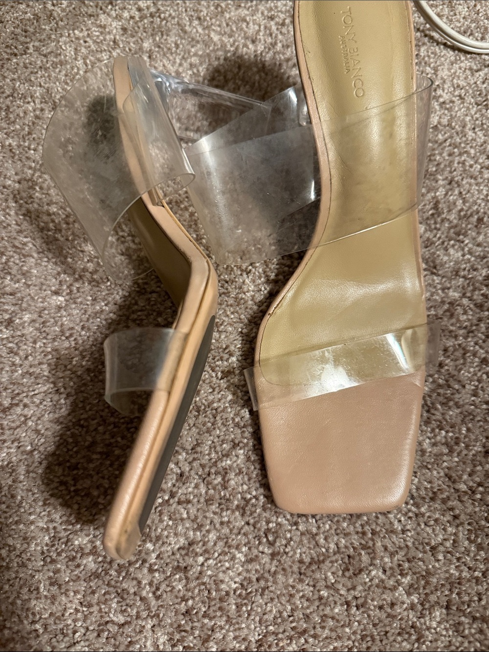 Tony Bianco Clear-Strap Nude Square Toe Heels